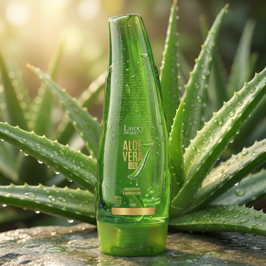 Green bottle of aloe vera gel with aloe leaves in the background